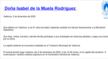 Esquela de ISABEL DE LA MUELA RODRIGUEZ